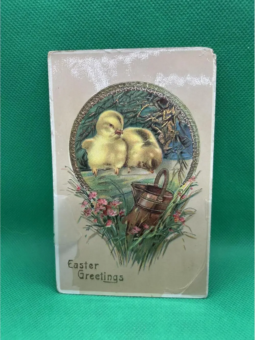 Vintage Easter Greetings Postcard with Chickens and Basket - Box1